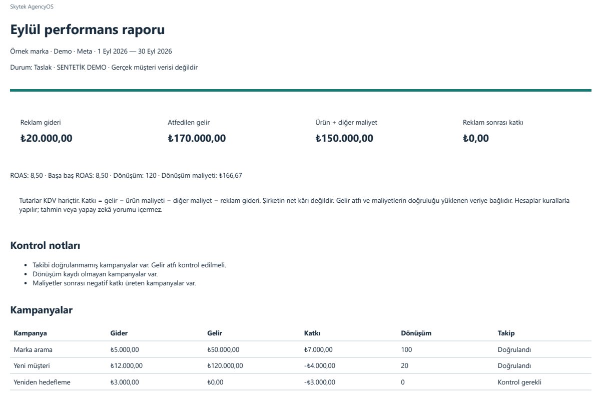 Sample branded performance report: ad spend, attributed revenue, costs, contribution after advertising, ROAS and campaign table