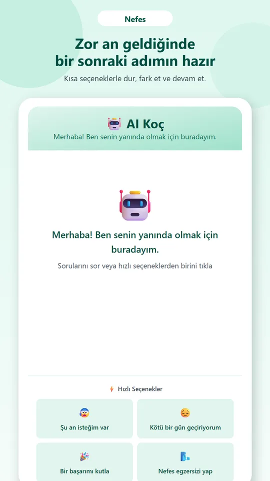 Nefes yapay zekâ koçu ekranı ve hızlı seçenekler