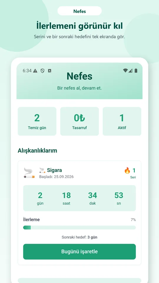 Nefes ana ekranı: gün sayacı, seri ve ilerleme