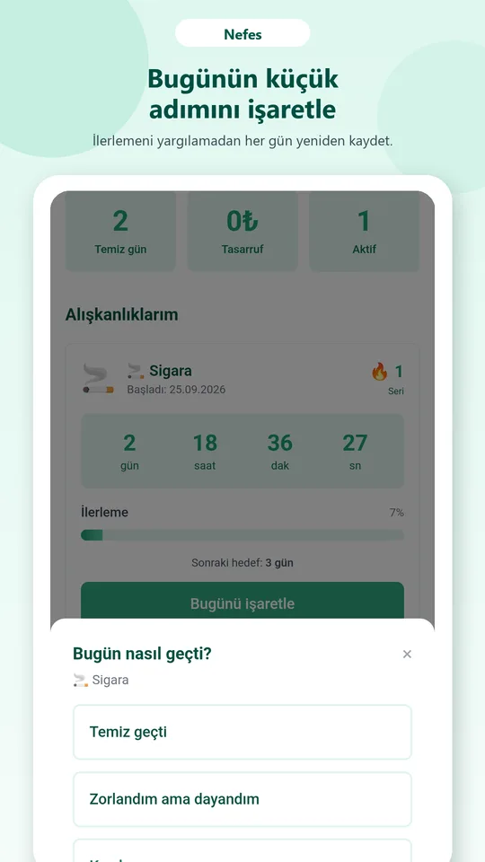 Nefes günlük işaretleme ekranı: Bugün nasıl geçti?