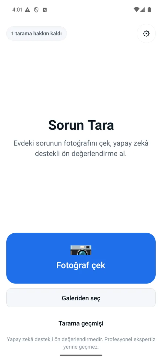 Ustify Sorun Tara ekranı: fotoğraf çekme veya galeriden seçme